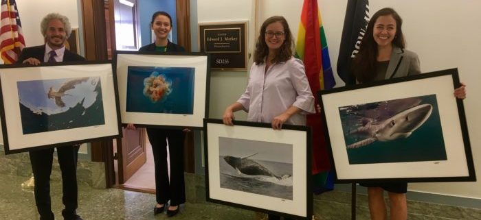 Keith Ellenbogen stands with three Legislative staffers from Senator Markey's office, all holding a framed image from the Space to Sea project.