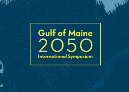 A blue vectorized map of the Gulf of Maine with the symposium logo overlaid