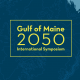 A blue vectorized map of the Gulf of Maine with the symposium logo overlaid