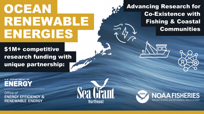 OceanEnergy_Twitter_March24 Graphic with a map of the U.S. Northeast, a wave, and three icons representing renewable energy, a fishing boat, and a community network. The text reads, "Ocean Renewable Energies; Advancing research for the co-existence of fishing and coastal communities; $1M+ competitive funding opportunity with unique partnership:" with logos for the Department of Energy EERE Office, Northeast Sea Grant, and NOAA Fisheries.