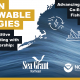 Graphic with a map of the U.S. Northeast, a wave, and three icons representing renewable energy, a fishing boat, and a community network. The text reads, "Ocean Renewable Energies; Advancing research for the co-existence of fishing and coastal communities; $1M+ competitive funding opportunity with unique partnership:" with logos for the Department of Energy EERE Office, Northeast Sea Grant, and NOAA Fisheries.
