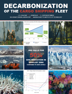 Report cover for The Decarbonization of the Cargo Shipping Fleet, showing climate impact scenes including coral bleaching