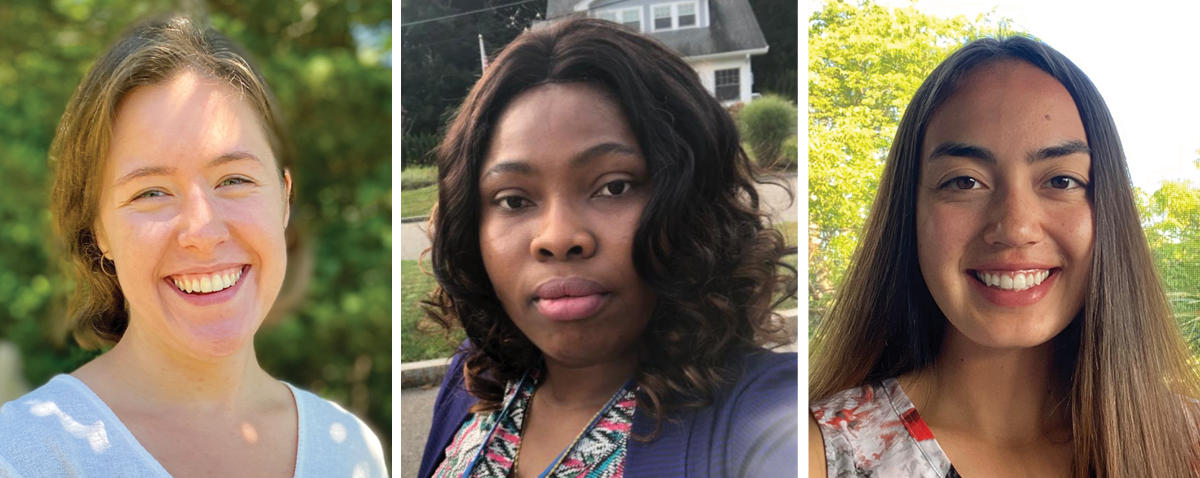 Headshots of three MIT Sea Grant-sponsored Knauss fellows: Claudia Mazur (Boston University), Lilian Elekwachi (UMass Boston), and Sophia Troeh (Northeastern University)