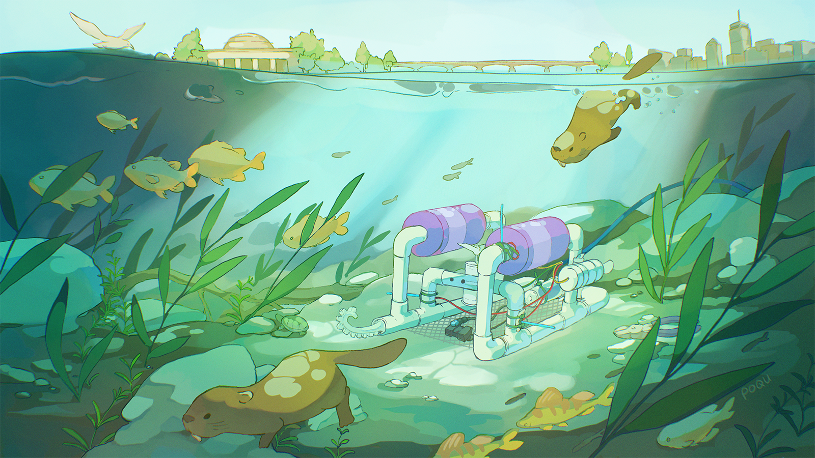 Illustration of SeaPerchII underwater in the Charles River. Art by Melissa Wen