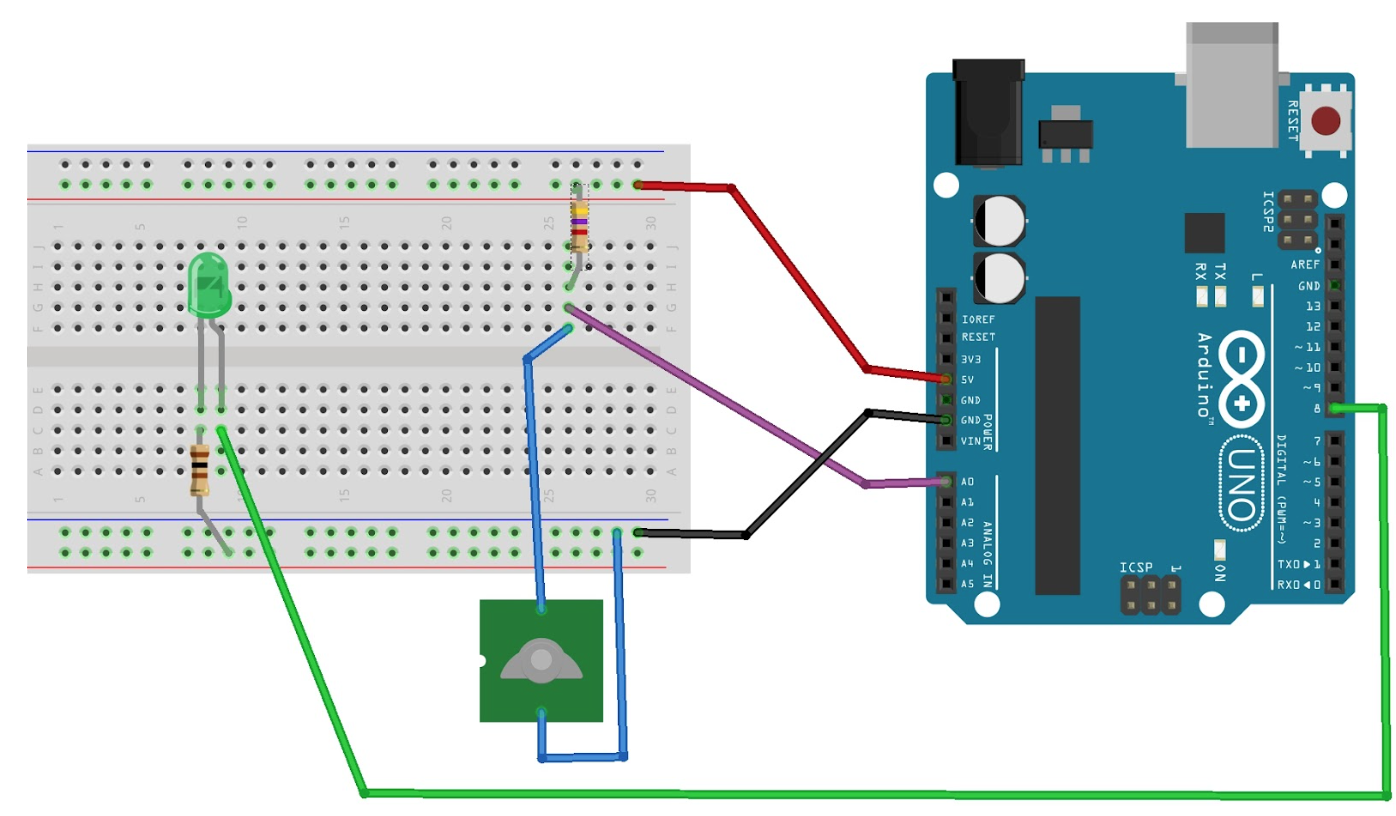 Wiring diagram including Arduino microcontroller, whisker sensor and LED