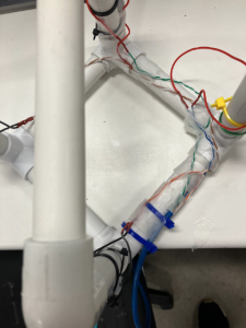 Wiring wrapped neatly and fastened to the PVC robot frame