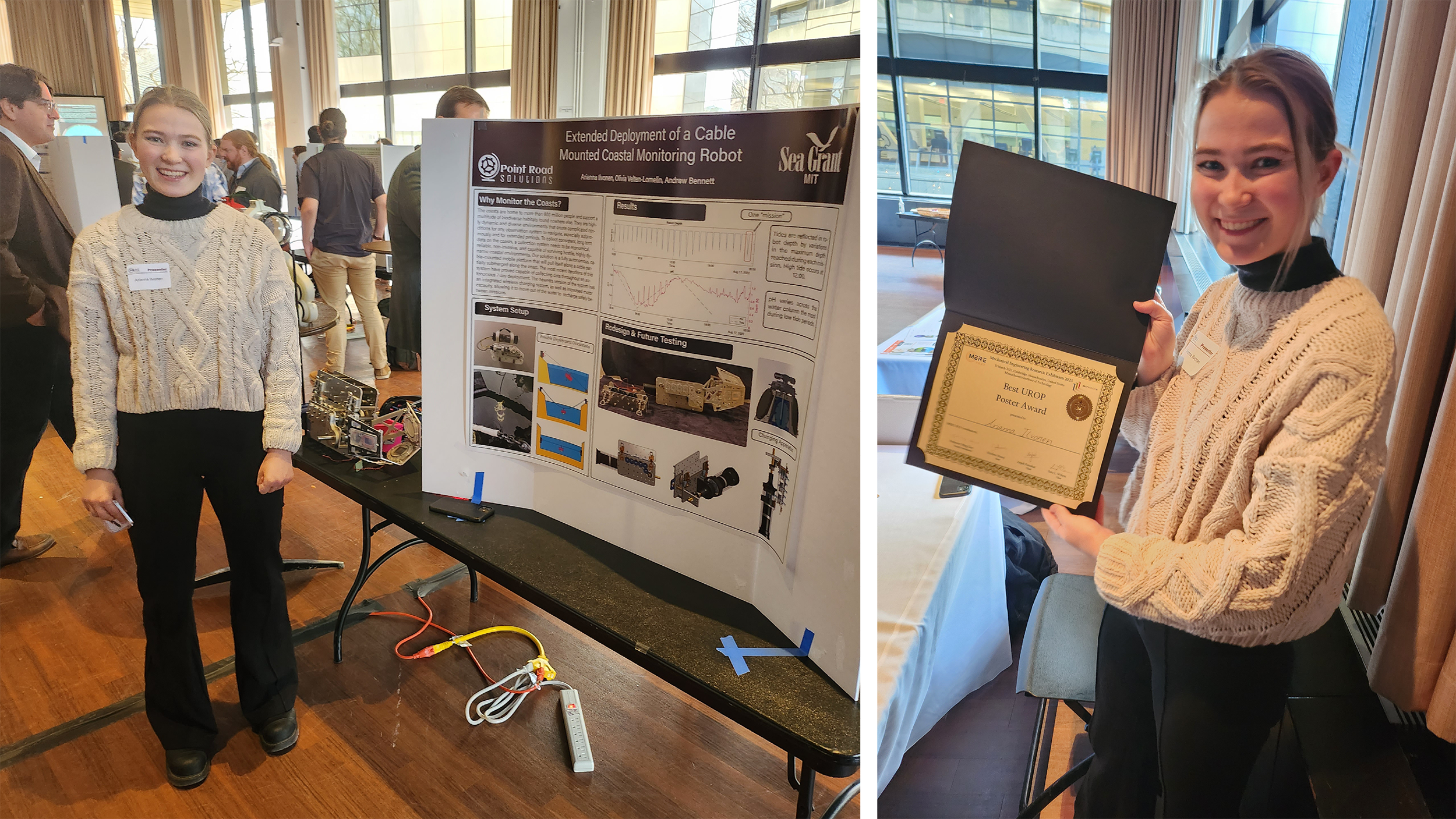 Arianna Ilvonen stands next to her research poster, and holds her winning poster certificate at the MIT Mechanical Engineering Research Exhibition.