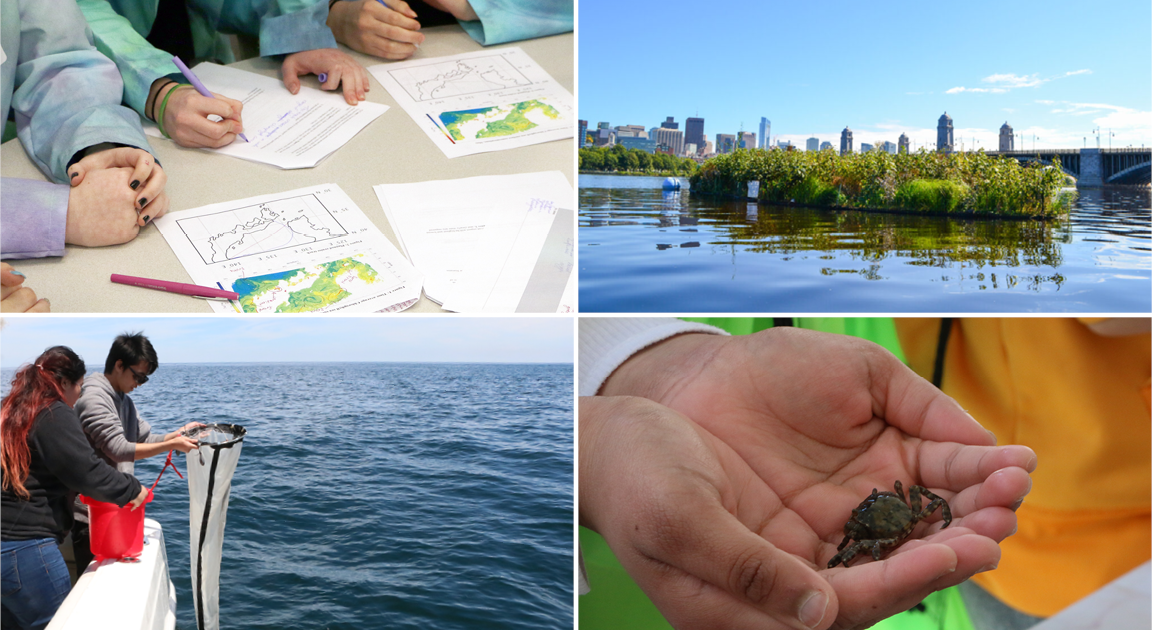 Four photographs showing students working at a table, pulling up a plankton tow, and holding a crab, and an image of the Charles River Floating Wetland