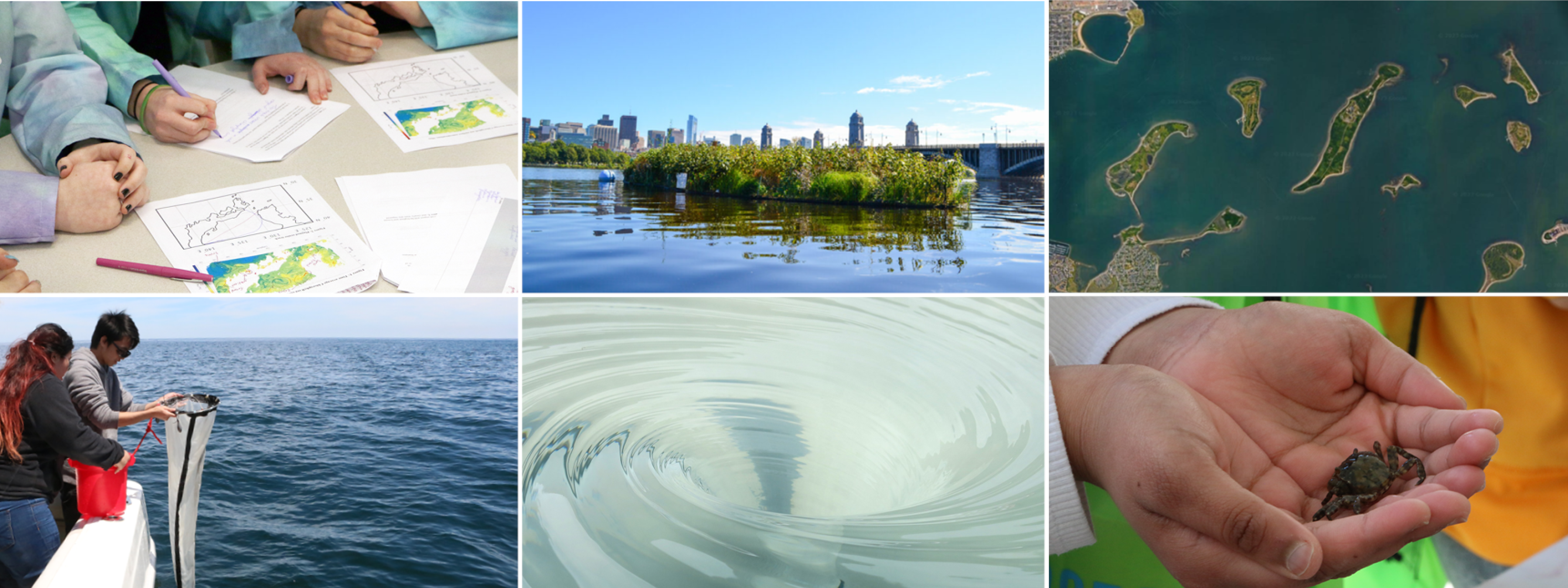 Six photographs showing students working at a table, pulling up a plankton tow, and holding a crab, images of Boston Harbor Islands, the Charles River Floating Wetland, and a swirl of water.
