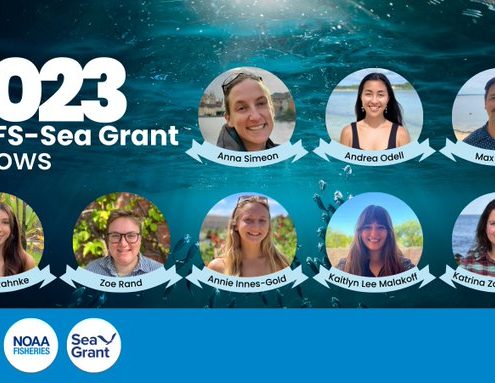The 2023 NMFS-Sea Grant Fellows (Top L to R: Kaitlyn Malakoff, Sophia Rahnke, Max Grezlik; Anna Simeon; Bottom L to R: Katrina Zarrella, Zoe Rand, Annie Innes-Gold, Andrea Odell.