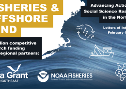 A graphic with a map of the Northeast US and icons for renewable energy and fishing communities, with the text, Fisheries and Offshore Wind - Advancing Actionable Social Science Research in the Northeast