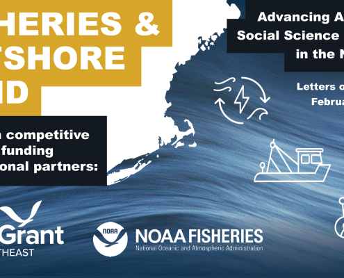 A graphic with a map of the Northeast US and icons for renewable energy and fishing communities, with the text, Fisheries and Offshore Wind - Advancing Actionable Social Science Research in the Northeast