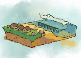 A drawing of the artificial reef structures just off of a coast with houses.