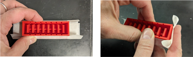 Left: folding tape over long edges of molds, Right: folding tape over short edges of molds
