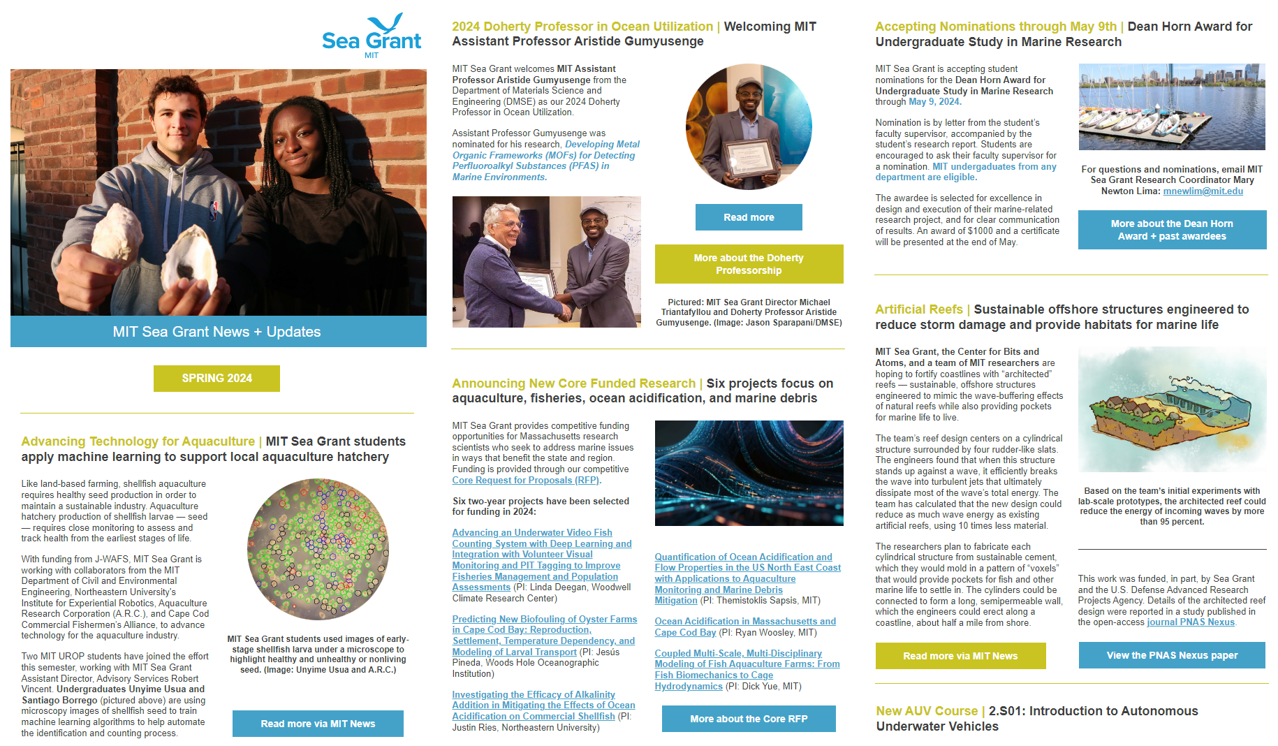 Preview of MIT Sea Grant Spring Newsletter featuring funded research and updates
