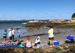 Field crew on a beach assembling equipment and waiting for divers to return with sediment cores. Photo credit: Heidi Nepf