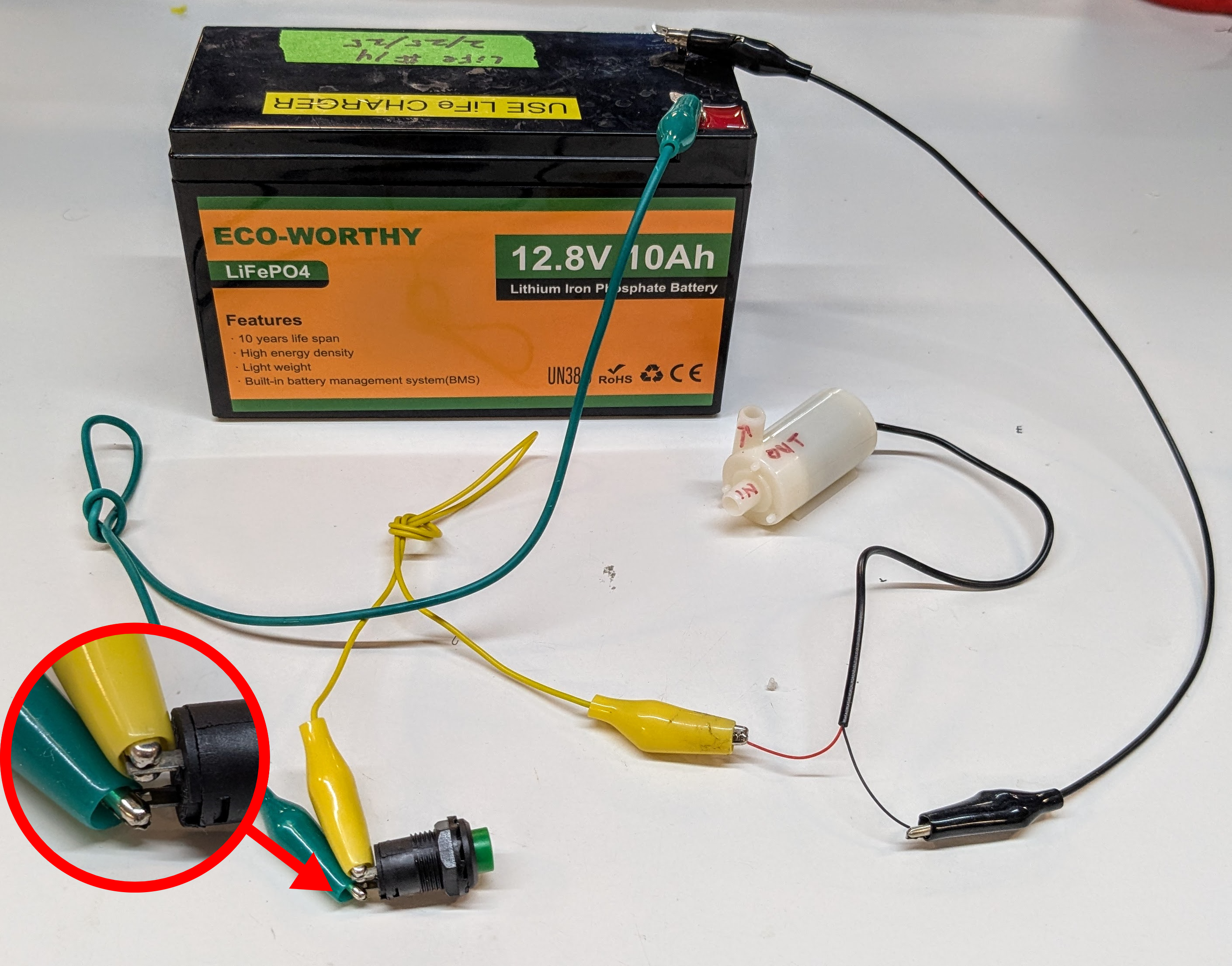 Test circuit: SPST switch, pump, battery in series
