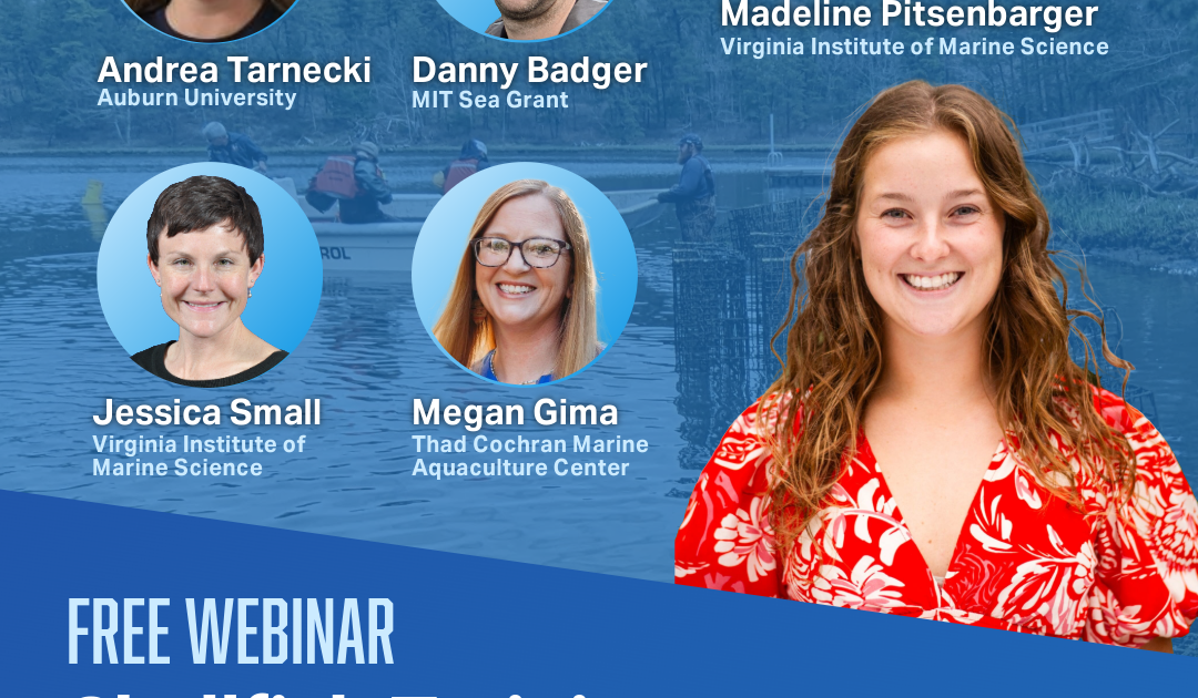 A graphic for the Shellfish Training Showcase webinar on May 21 at 12pm ET showing headshots of the speakers and moderators.