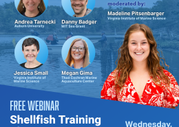 A graphic for the Shellfish Training Showcase webinar on May 21 at 12pm ET showing headshots of the speakers and moderators.
