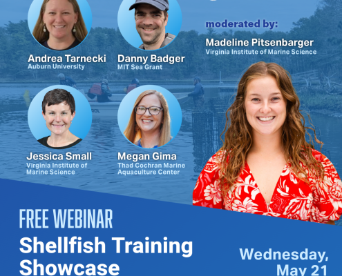 A graphic for the Shellfish Training Showcase webinar on May 21 at 12pm ET showing headshots of the speakers and moderators.