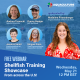 A graphic for the Shellfish Training Showcase webinar on May 21 at 12pm ET showing headshots of the speakers and moderators.