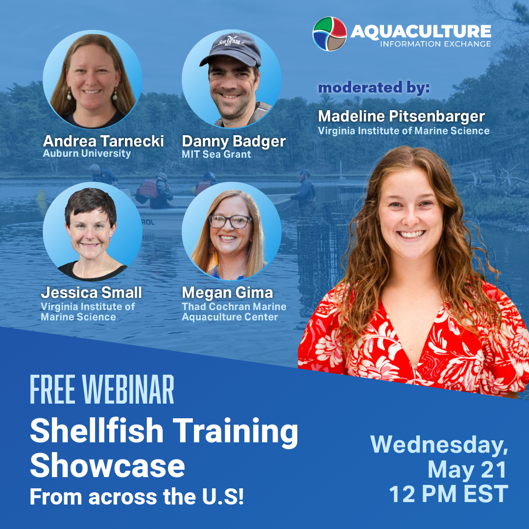 A graphic for the Shellfish Training Showcase webinar on May 21 at 12pm ET showing headshots of the speakers and moderators.