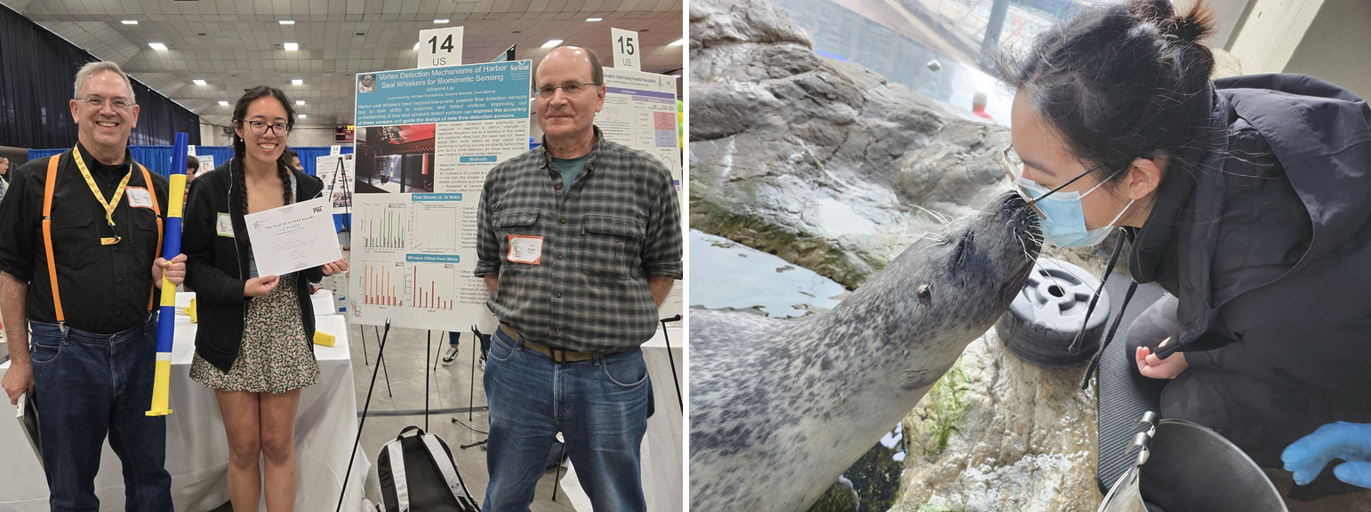 Adrienne Lai at a poster session with Professors Drew Bennett and Dave Barrett, and Adrienne with a seal.