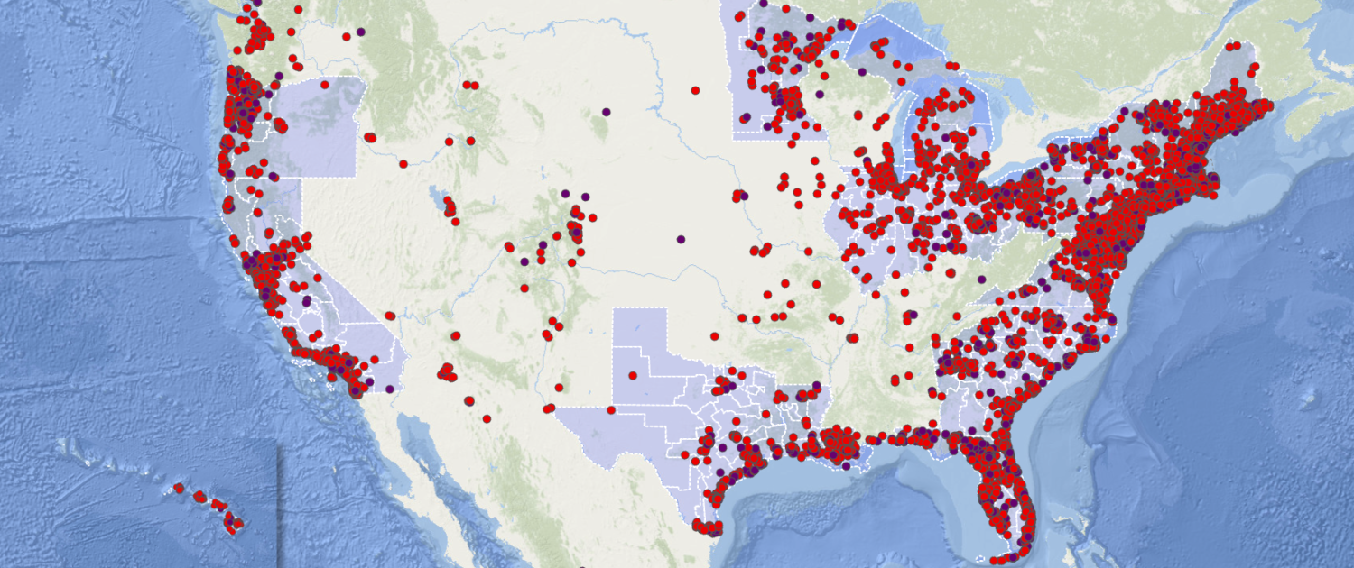 A map of the United States showing locations of all of the Sea Grant supporters who signed on to the letters to Congress