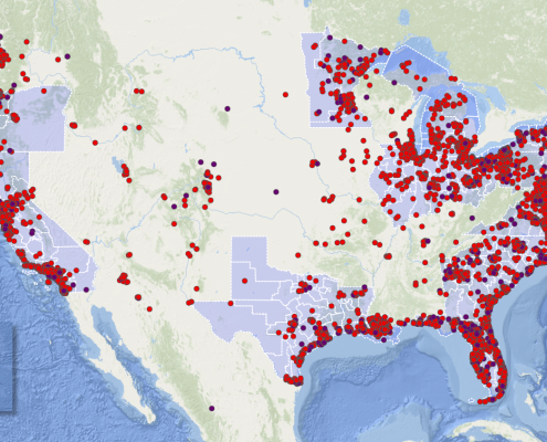 A map of the United States showing locations of all of the Sea Grant supporters who signed on to the letters to Congress