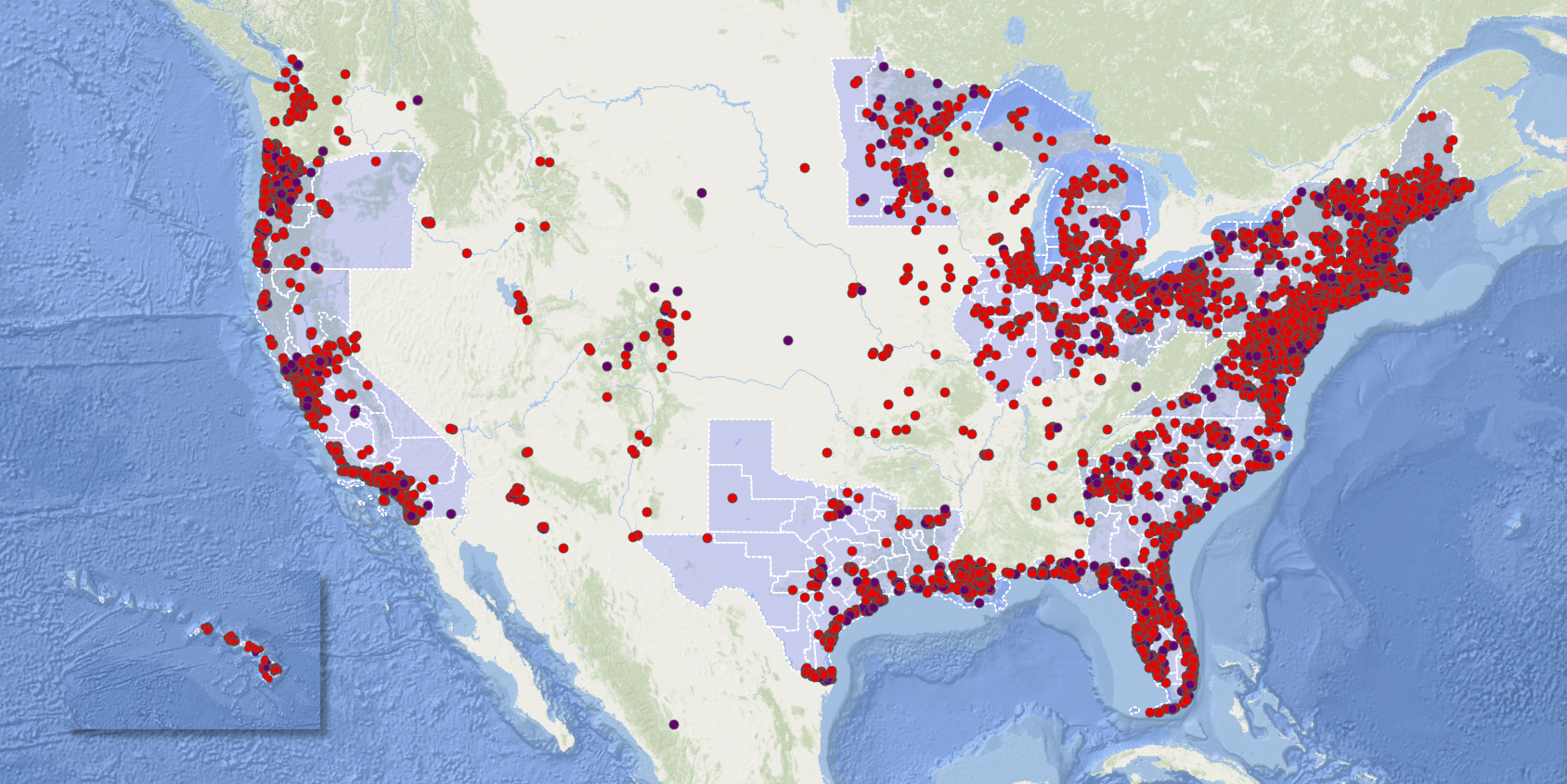 A map of the United States showing locations of all of the Sea Grant supporters who signed on to the letters to Congress