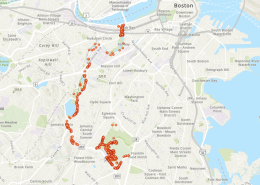 A map of the Emerald Necklace park system in Boston showing the location of mapped trees