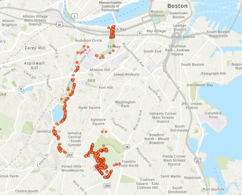 A map of the Emerald Necklace park system in Boston showing the location of mapped trees