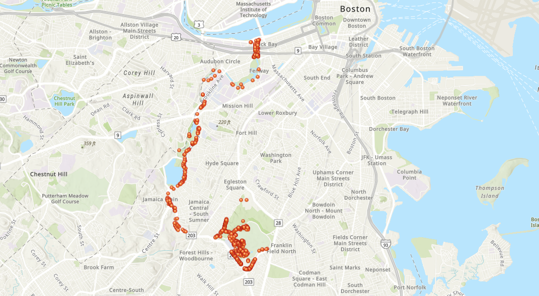 A map of the Emerald Necklace park system in Boston showing the location of mapped trees