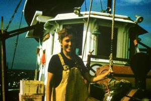 Madeleine Hall-Arber on a fishing vessel as a graduate student